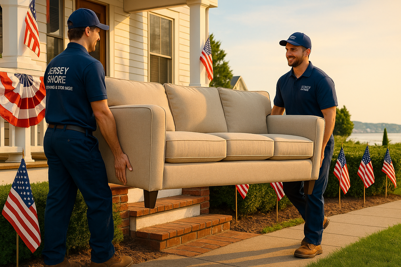 Jersey Shore Moving & Storage crew carries a beige sofa past patriotic Memorial Day porch décor.