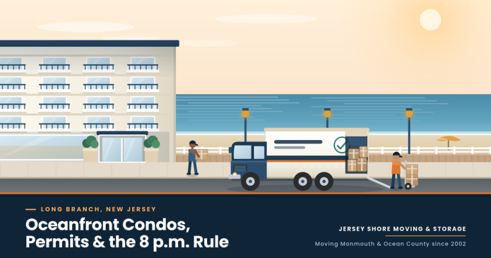 Movers unloading a truck outside an oceanfront condo building in Long Branch, NJ, carrying boxes toward the lobby past palm planters and the boardwalk