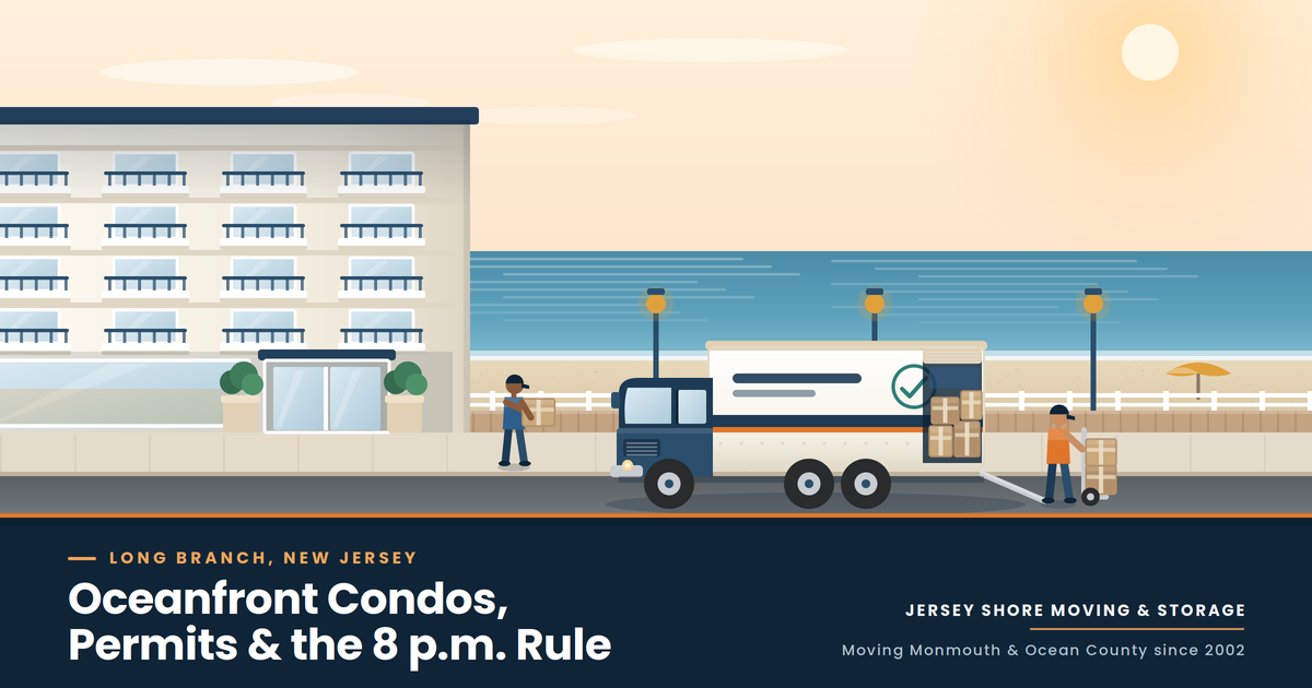 Movers unloading a truck outside an oceanfront condo building in Long Branch, NJ, carrying boxes toward the lobby past palm planters and the boardwalk